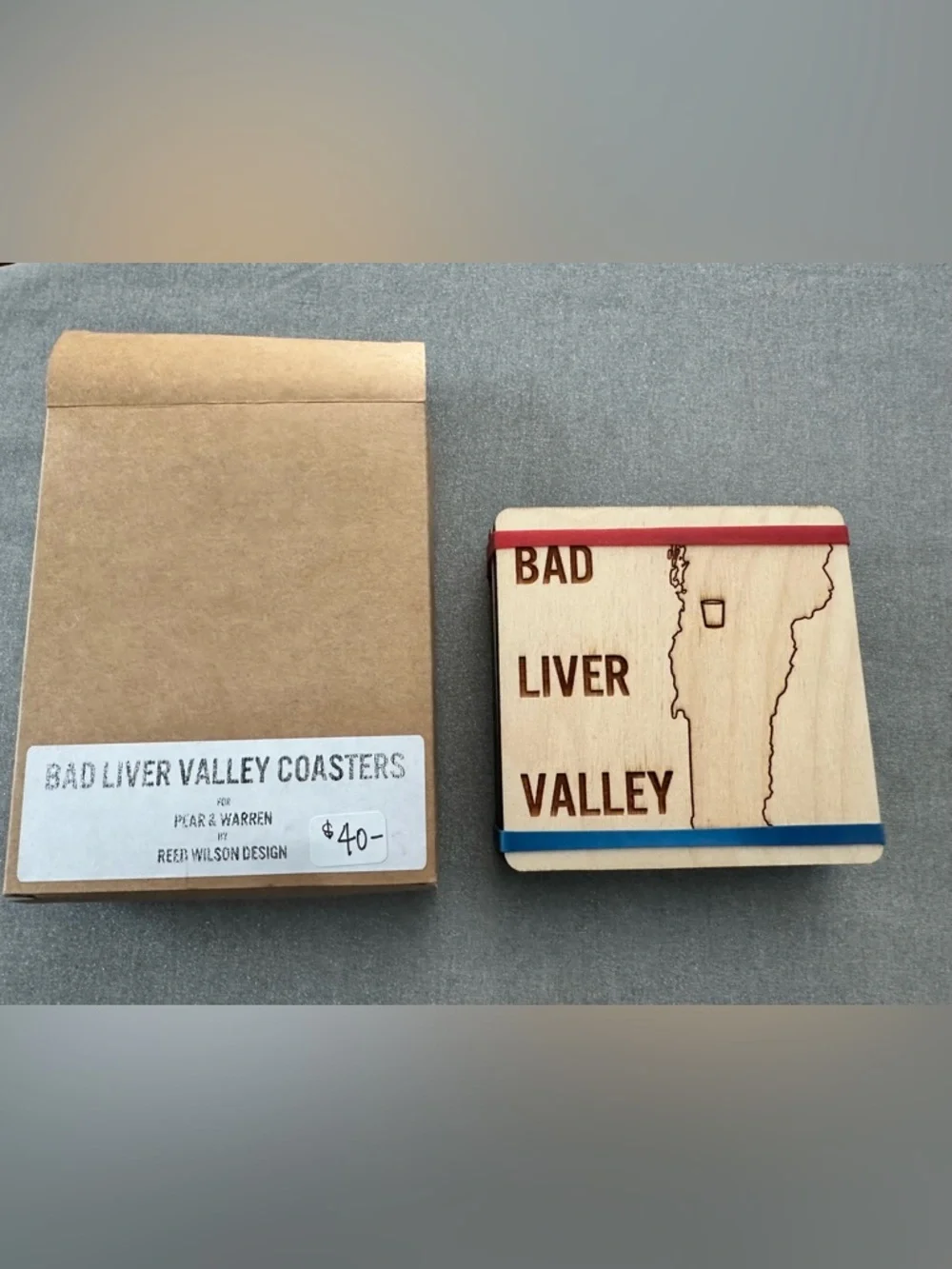 Handmade Wooden Vermont “Bad Liver Valley” Themed Coaster Set of 4 - Brand New